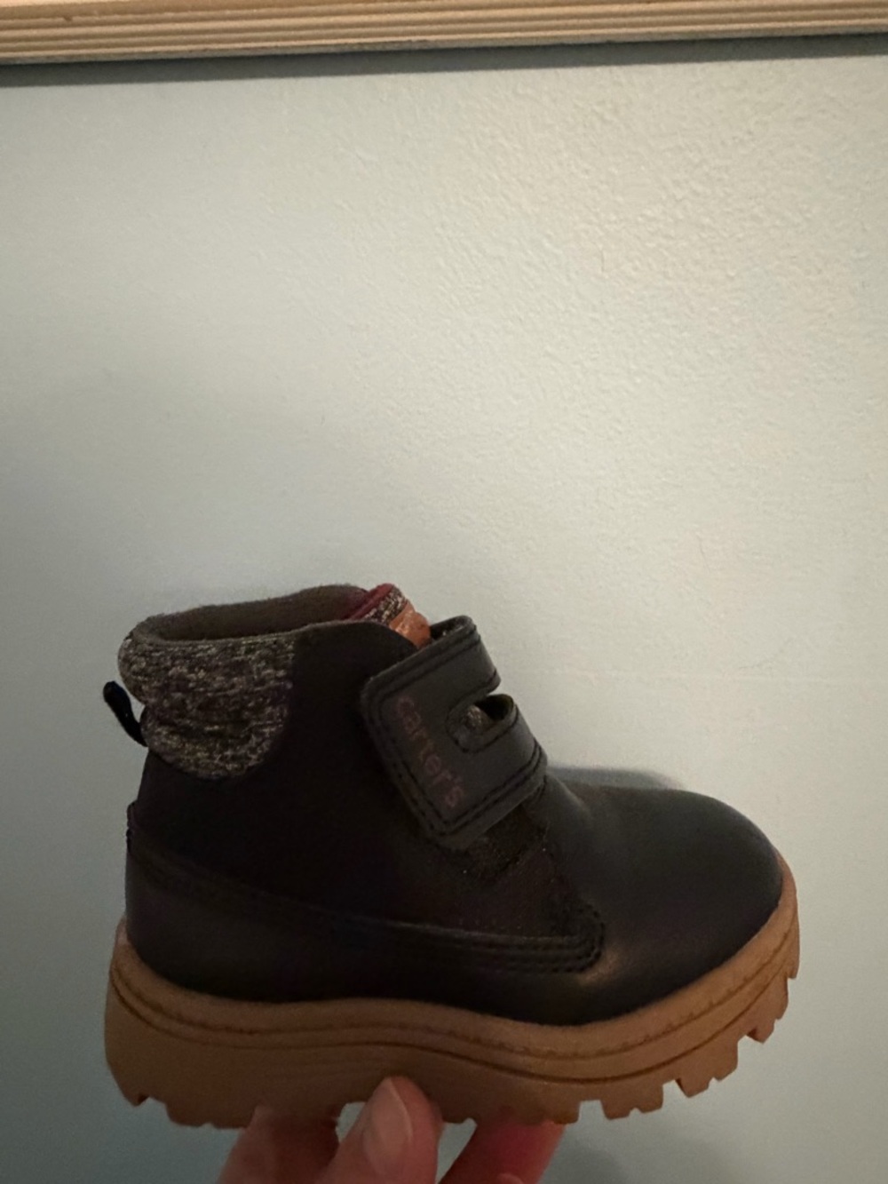 Toddler Black Faux-Leather Hook & Loop Boots with Tan Sole